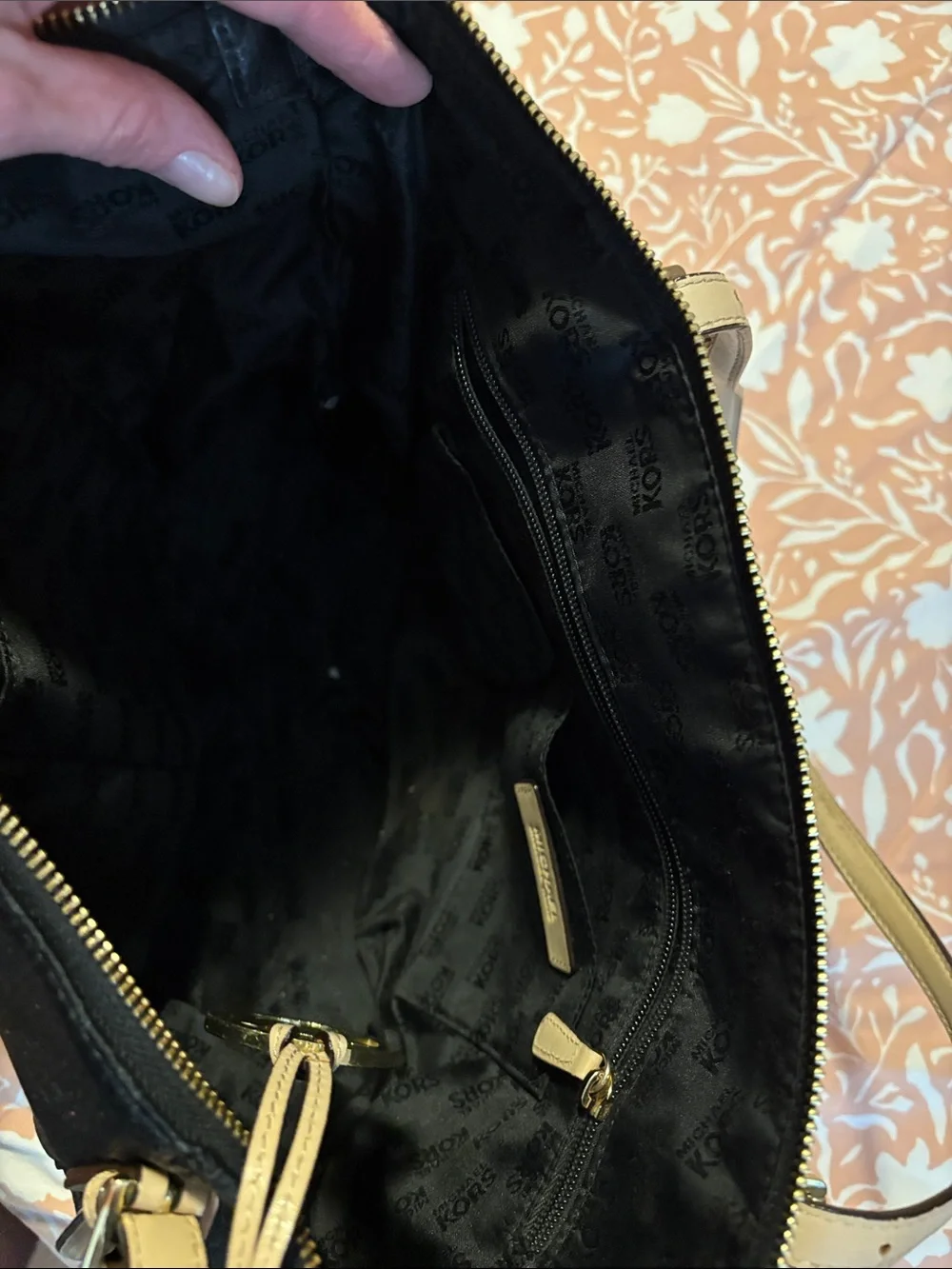 Michael Kors Black Pebbled Leather Tote with Light Beige Handles